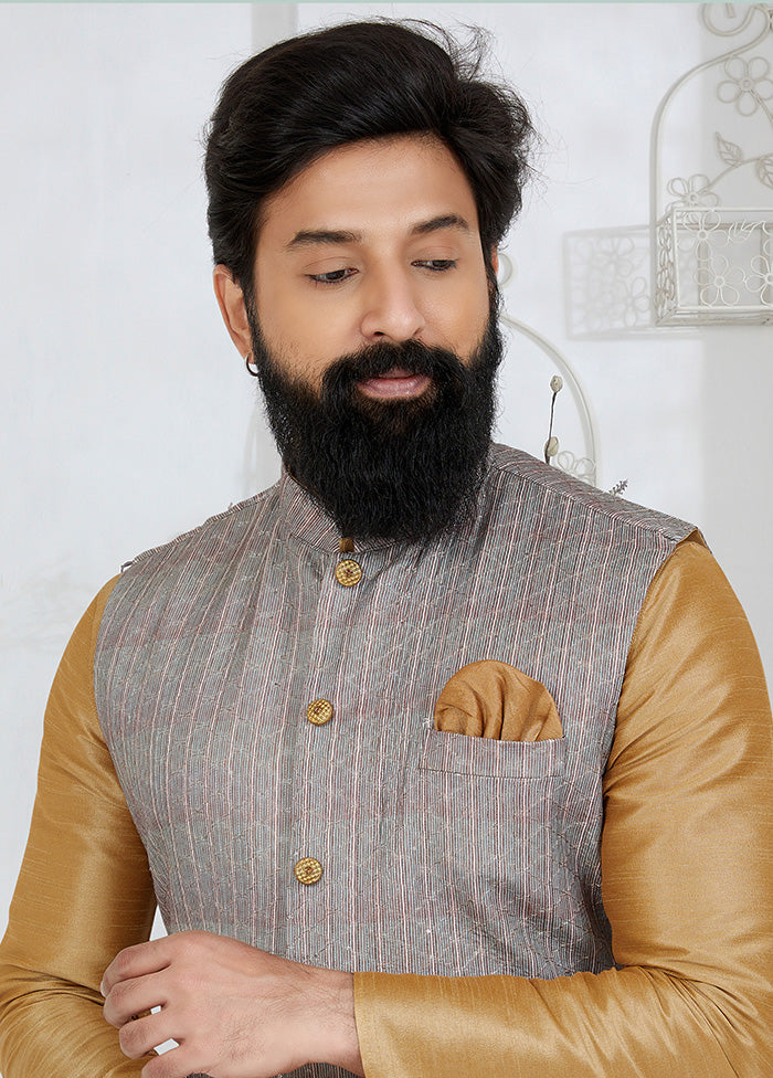 Grey Full Sleeves Mandarin Collar Waistcoat - Indian Silk House Agencies