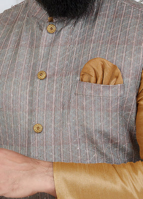 Grey Full Sleeves Mandarin Collar Waistcoat - Indian Silk House Agencies