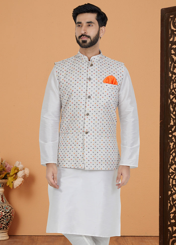 White Full Sleeves Mandarin Collar Waistcoat - Indian Silk House Agencies