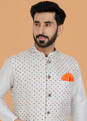 White Full Sleeves Mandarin Collar Waistcoat - Indian Silk House Agencies