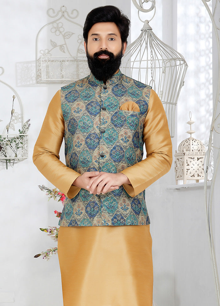 Multicolor Full Sleeves Mandarin Collar Waistcoat - Indian Silk House Agencies