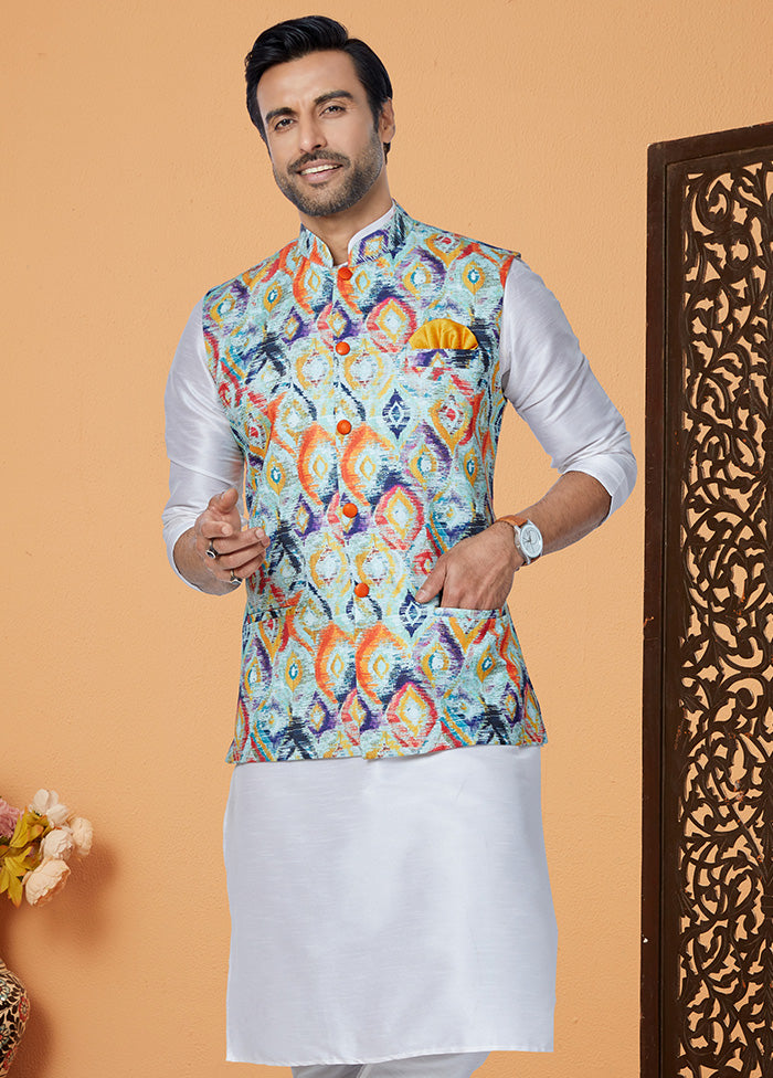 Multicolor Full Sleeves Mandarin Collar Waistcoat - Indian Silk House Agencies