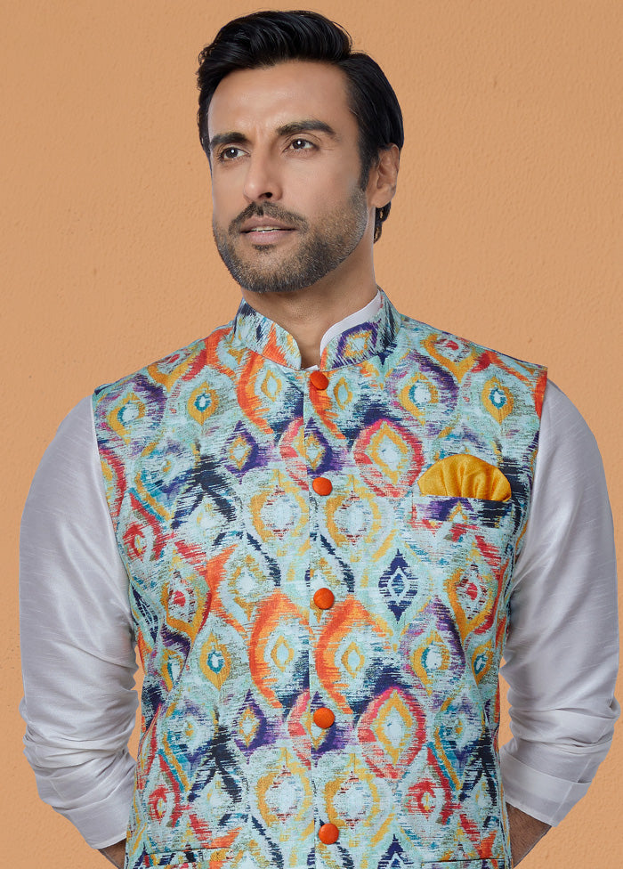 Multicolor Full Sleeves Mandarin Collar Waistcoat - Indian Silk House Agencies