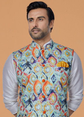 Multicolor Full Sleeves Mandarin Collar Waistcoat - Indian Silk House Agencies