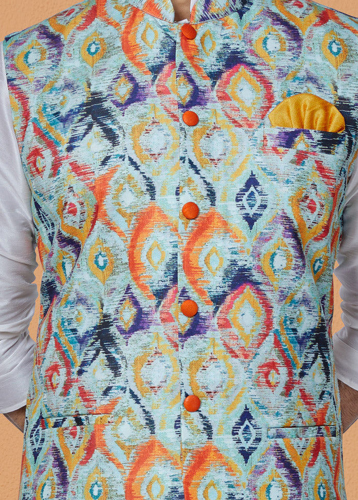 Multicolor Full Sleeves Mandarin Collar Waistcoat - Indian Silk House Agencies