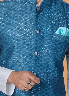 Blue Full Sleeves Mandarin Collar Waistcoat - Indian Silk House Agencies
