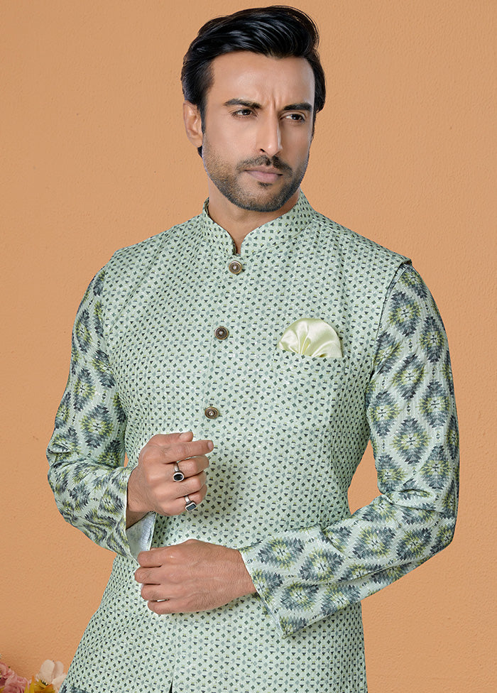 Mehendi Full Sleeves Mandarin Collar Waistcoat - Indian Silk House Agencies