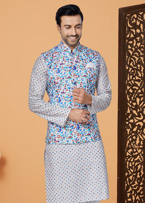 White Full Sleeves Mandarin Collar Waistcoat - Indian Silk House Agencies