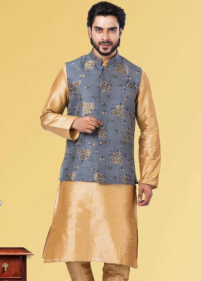 Multicolor Dupion Silk Full Sleeves Mandarin Collar Waistcoat - Indian Silk House Agencies