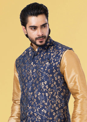Multicolor Dupion Silk Full Sleeves Mandarin Collar Waistcoat - Indian Silk House Agencies
