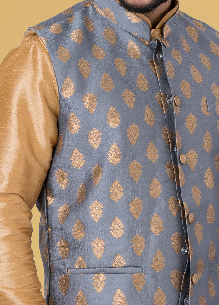 Multicolor Dupion Silk Full Sleeves Mandarin Collar Waistcoat - Indian Silk House Agencies