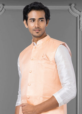 Multicolor Dupion Silk Full Sleeves Mandarin Collar Waistcoat - Indian Silk House Agencies