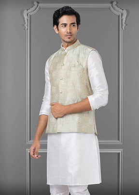 Multicolor Dupion Silk Full Sleeves Mandarin Collar Waistcoat - Indian Silk House Agencies