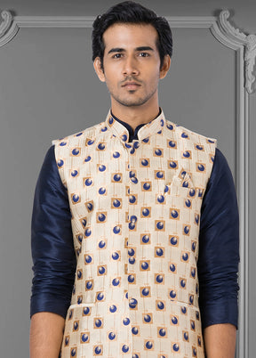 Multicolor Dupion Silk Full Sleeves Mandarin Collar Waistcoat - Indian Silk House Agencies