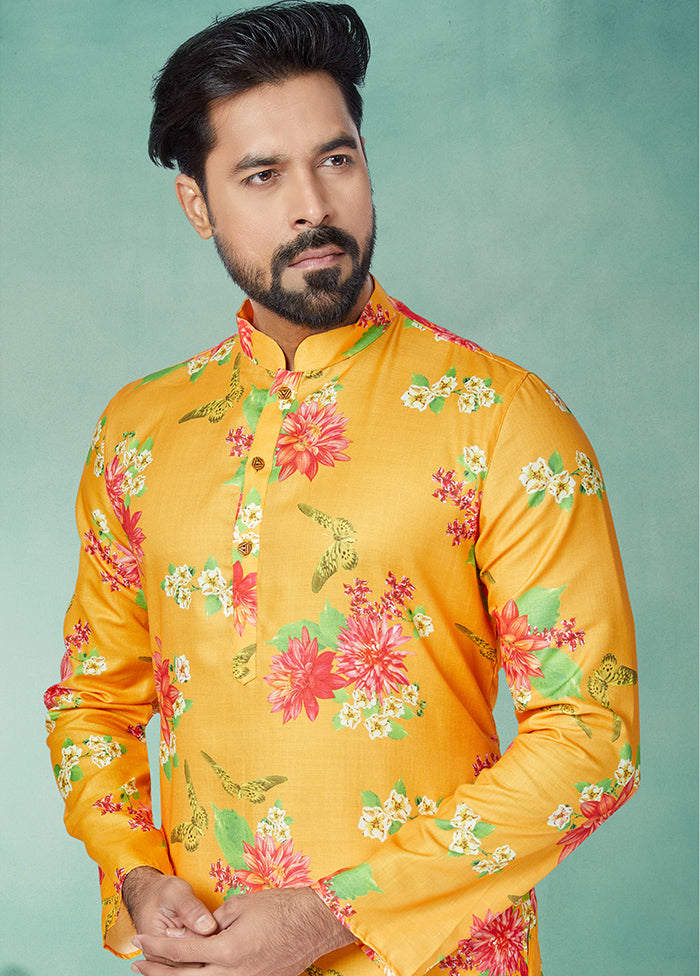 2 Pc Yellow Cotton Kurta And Pajama Set - Indian Silk House Agencies