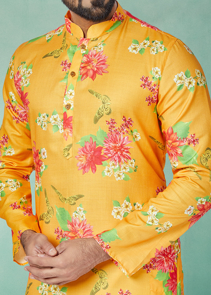 2 Pc Yellow Cotton Kurta And Pajama Set - Indian Silk House Agencies