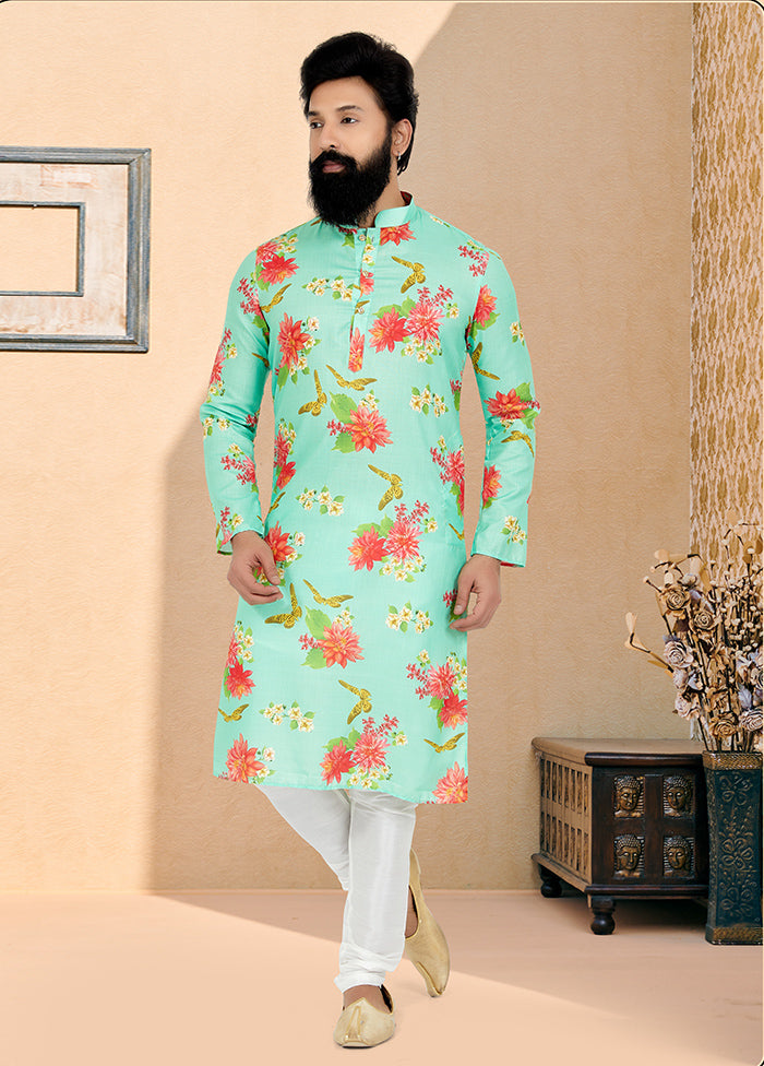 2 Pc Green Cotton Kurta And Pajama Set - Indian Silk House Agencies