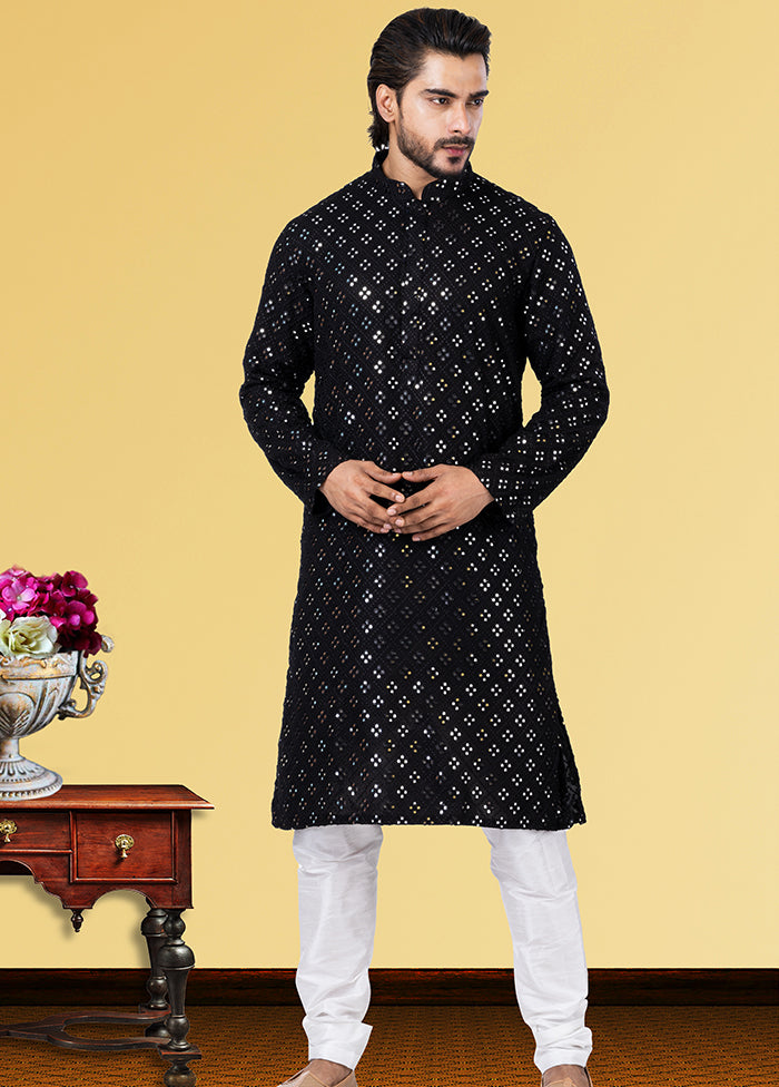 Black Jacquard Woven Silk Kurta Pajama Set - Indian Silk House Agencies