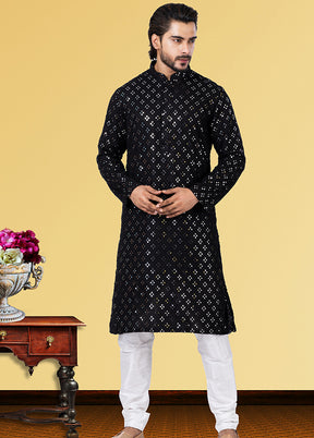 Black Jacquard Woven Silk Kurta Pajama Set - Indian Silk House Agencies