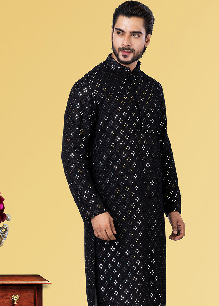 Black Jacquard Woven Silk Kurta Pajama Set - Indian Silk House Agencies