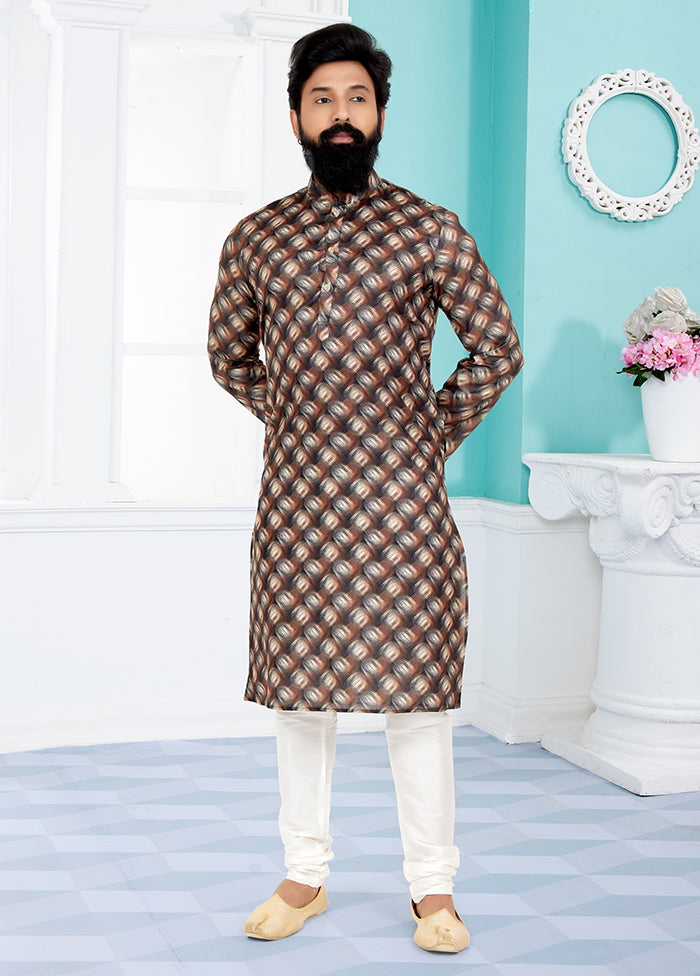 2 Pc Brown Cotton Kurta And Pajama Set - Indian Silk House Agencies