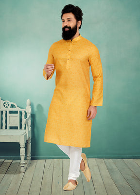 2 Pc Yellow Cotton Kurta And Pajama Set - Indian Silk House Agencies