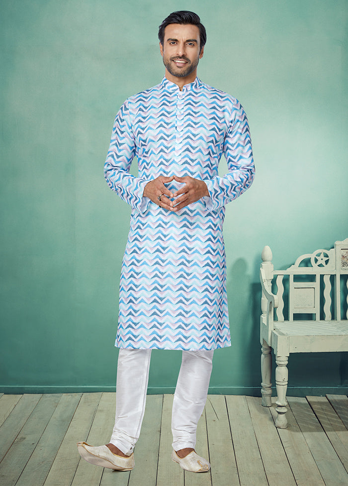 2 Pc Blue Cotton Kurta And Pajama Set - Indian Silk House Agencies