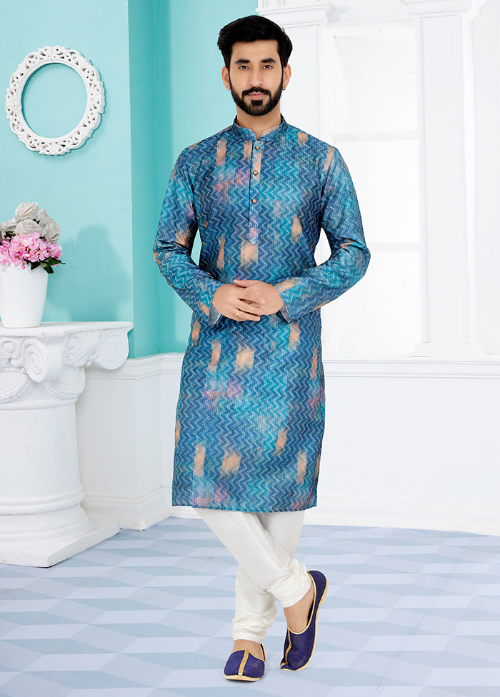 2 Pc Blue Dupion Silk Kurta And Pajama Set - Indian Silk House Agencies
