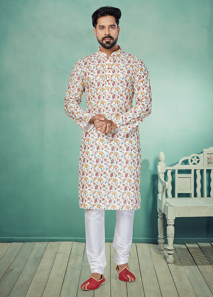 2 Pc White Dupion Silk Kurta And Pajama Set - Indian Silk House Agencies