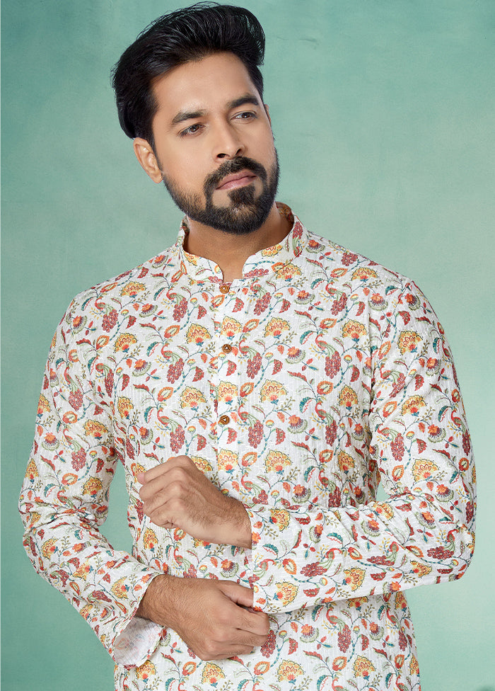 2 Pc White Dupion Silk Kurta And Pajama Set - Indian Silk House Agencies