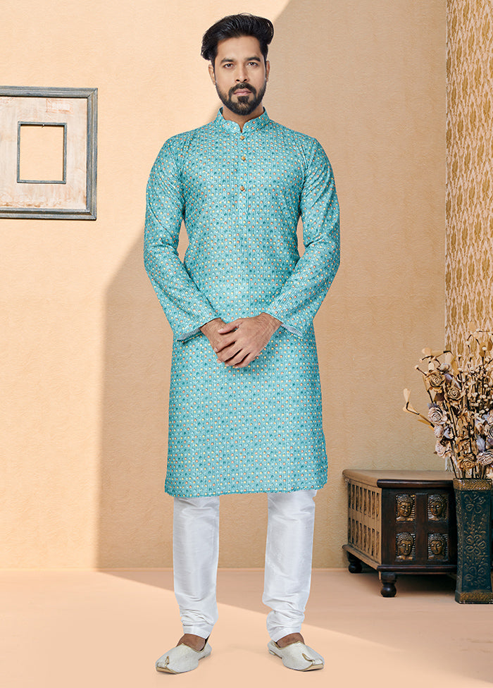 2 Pc Blue Dupion Silk Kurta And Pajama Set - Indian Silk House Agencies