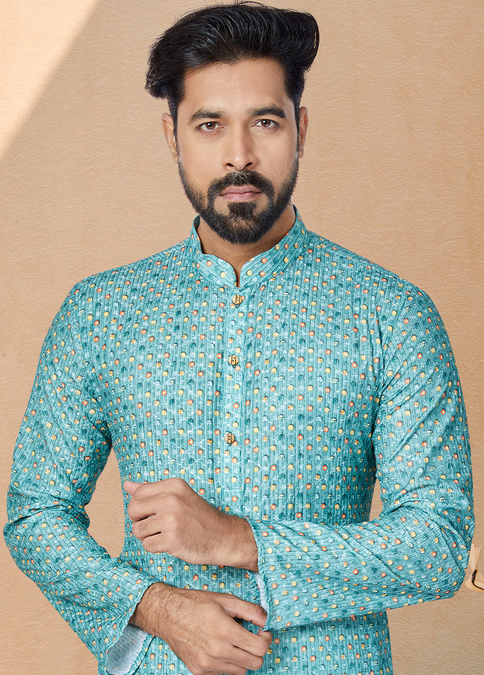 2 Pc Blue Dupion Silk Kurta And Pajama Set - Indian Silk House Agencies