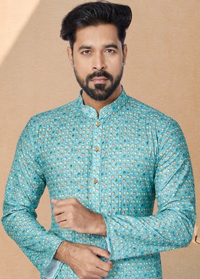 2 Pc Blue Dupion Silk Kurta And Pajama Set - Indian Silk House Agencies
