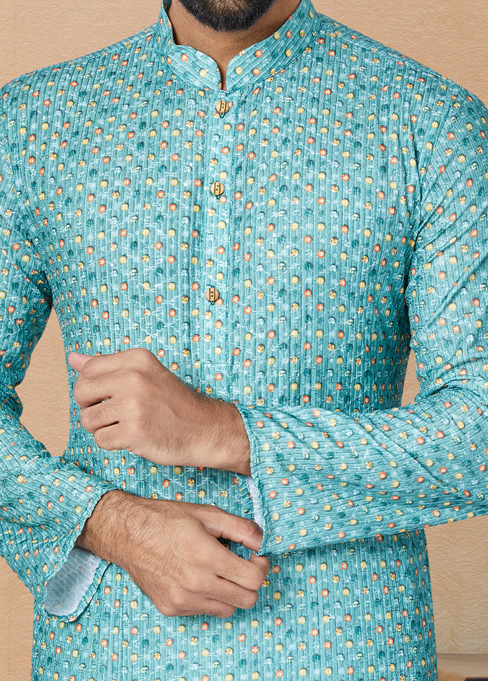 2 Pc Blue Dupion Silk Kurta And Pajama Set - Indian Silk House Agencies