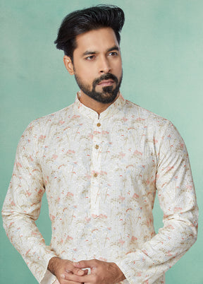 2 Pc White Dupion Silk Kurta And Pajama Set - Indian Silk House Agencies