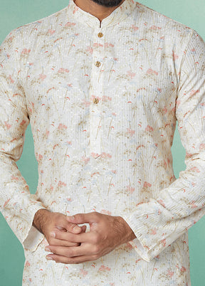 2 Pc White Dupion Silk Kurta And Pajama Set - Indian Silk House Agencies