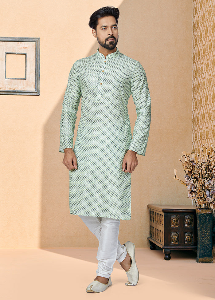 2 Pc Green Dupion Silk Kurta And Pajama Set - Indian Silk House Agencies