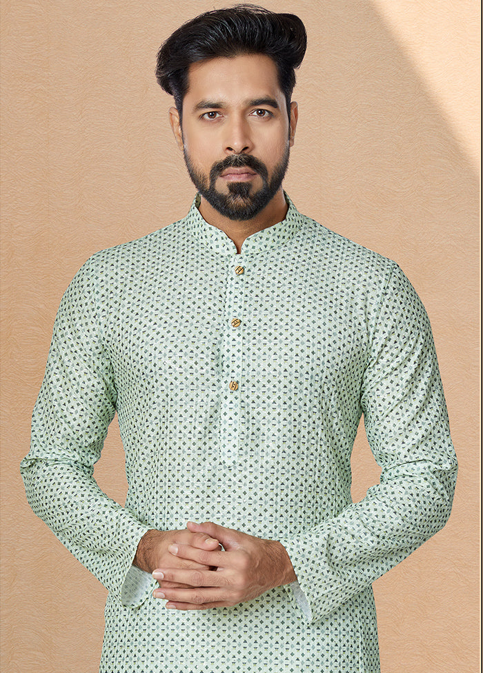 2 Pc Green Dupion Silk Kurta And Pajama Set - Indian Silk House Agencies