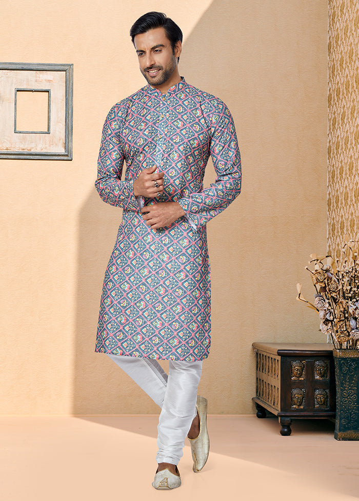 2 Pc Grey Dupion Silk Kurta And Pajama Set - Indian Silk House Agencies