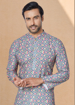 2 Pc Grey Dupion Silk Kurta And Pajama Set - Indian Silk House Agencies