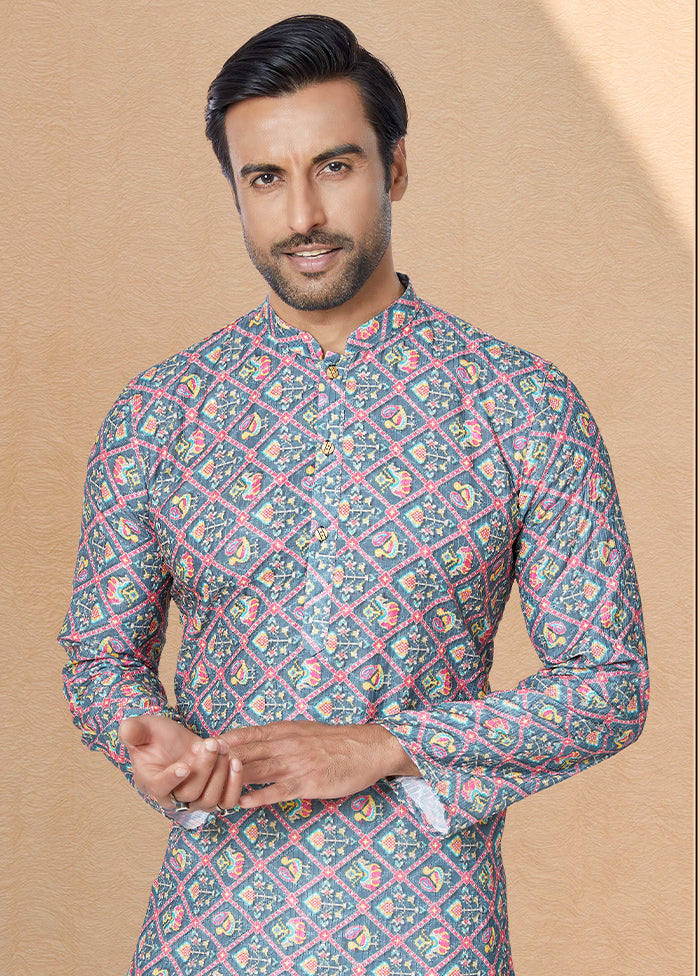 2 Pc Grey Dupion Silk Kurta And Pajama Set - Indian Silk House Agencies