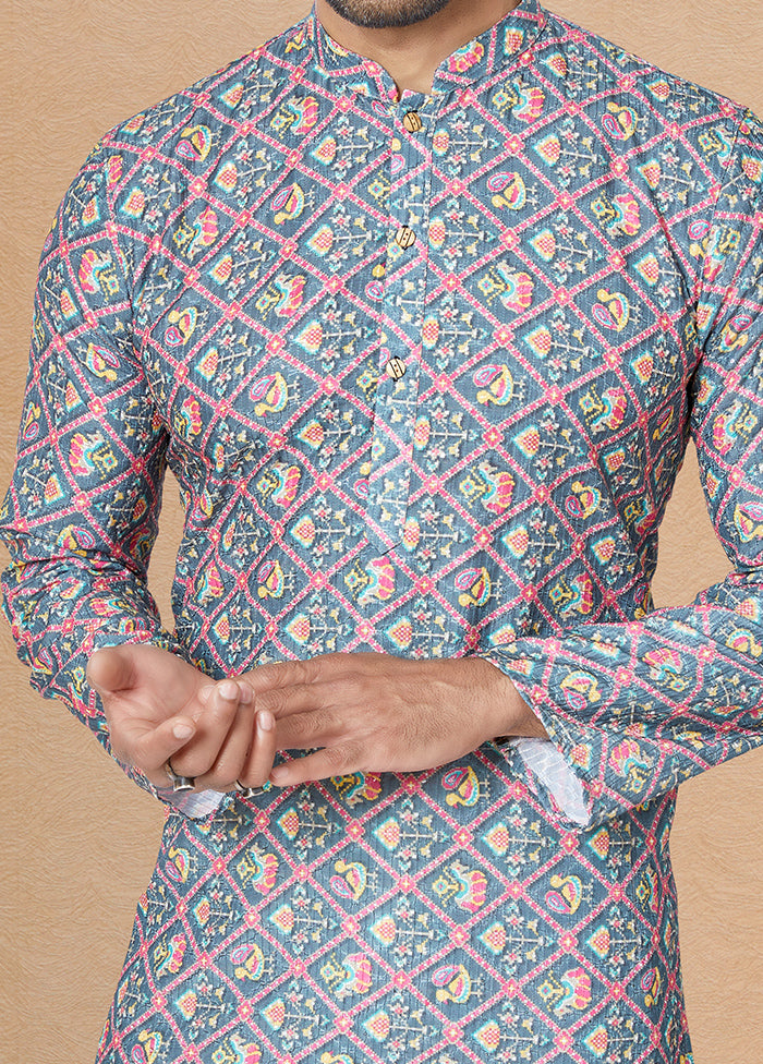 2 Pc Grey Dupion Silk Kurta And Pajama Set - Indian Silk House Agencies