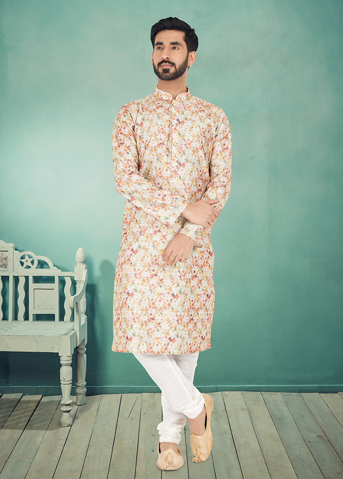 2 Pc Cream Dupion Silk Kurta And Pajama Set - Indian Silk House Agencies