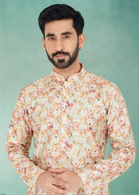 2 Pc Cream Dupion Silk Kurta And Pajama Set - Indian Silk House Agencies