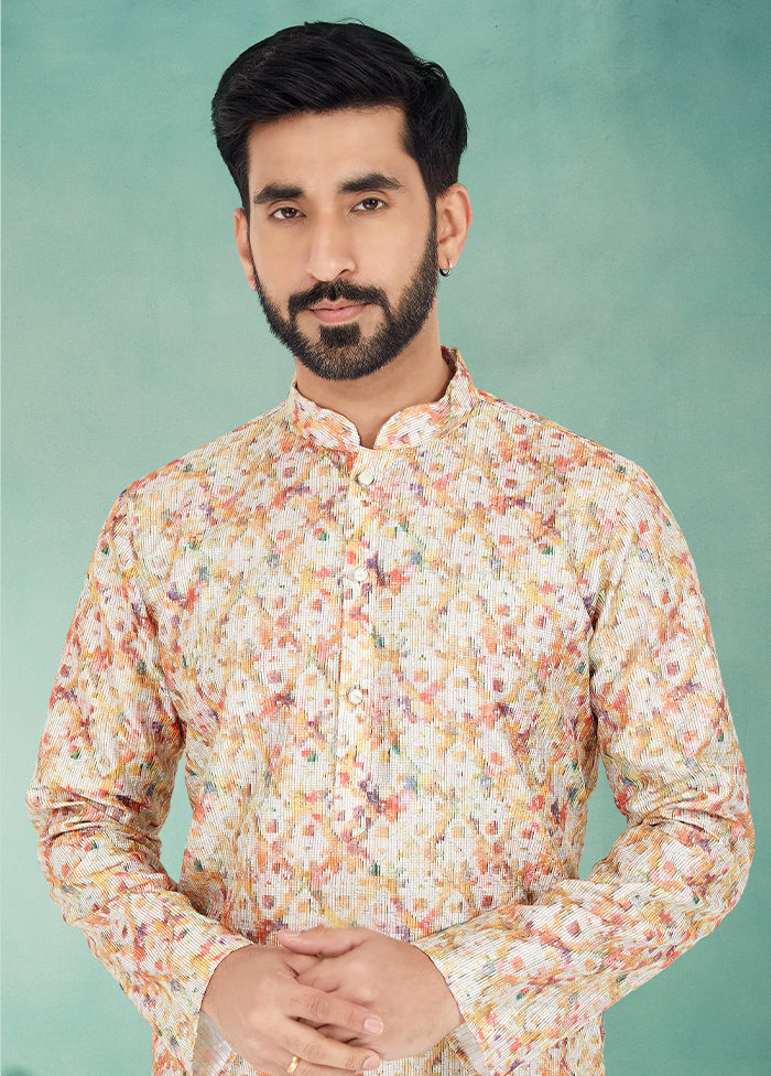 2 Pc Cream Dupion Silk Kurta And Pajama Set - Indian Silk House Agencies