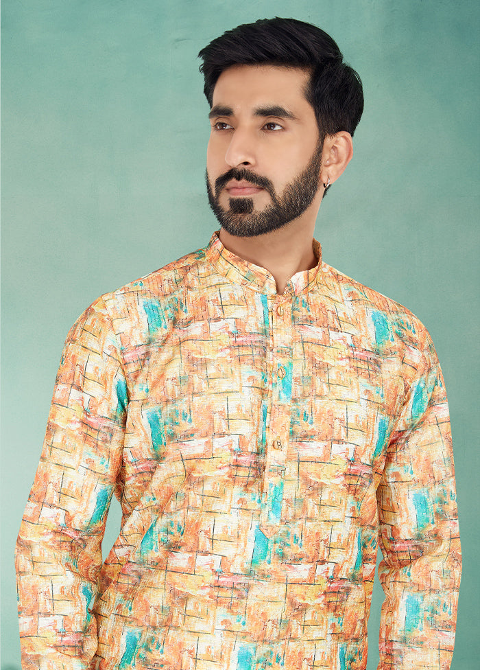 2 Pc Cream Dupion Silk Kurta And Pajama Set - Indian Silk House Agencies