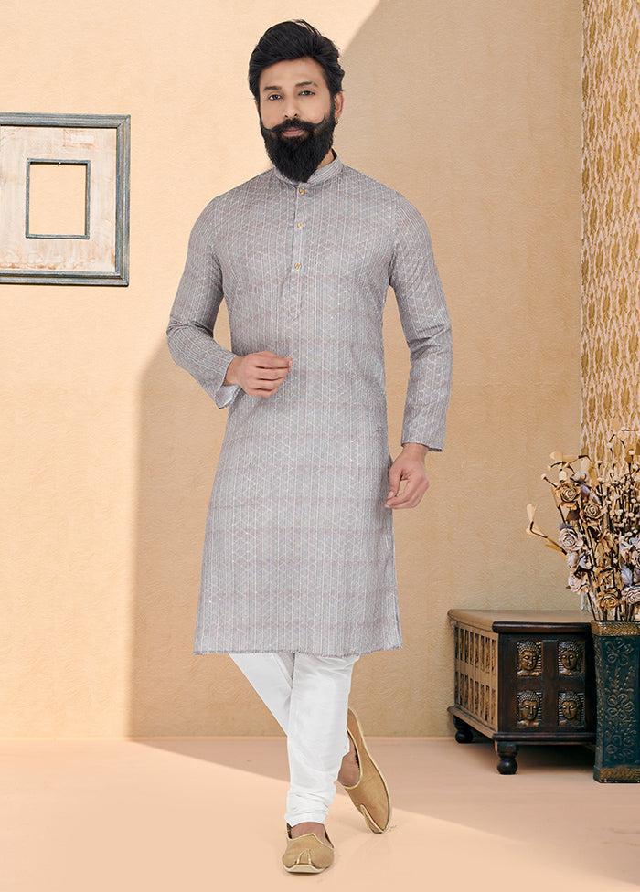 2 Pc Grey Dupion Silk Kurta And Pajama Set - Indian Silk House Agencies