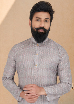 2 Pc Grey Dupion Silk Kurta And Pajama Set - Indian Silk House Agencies