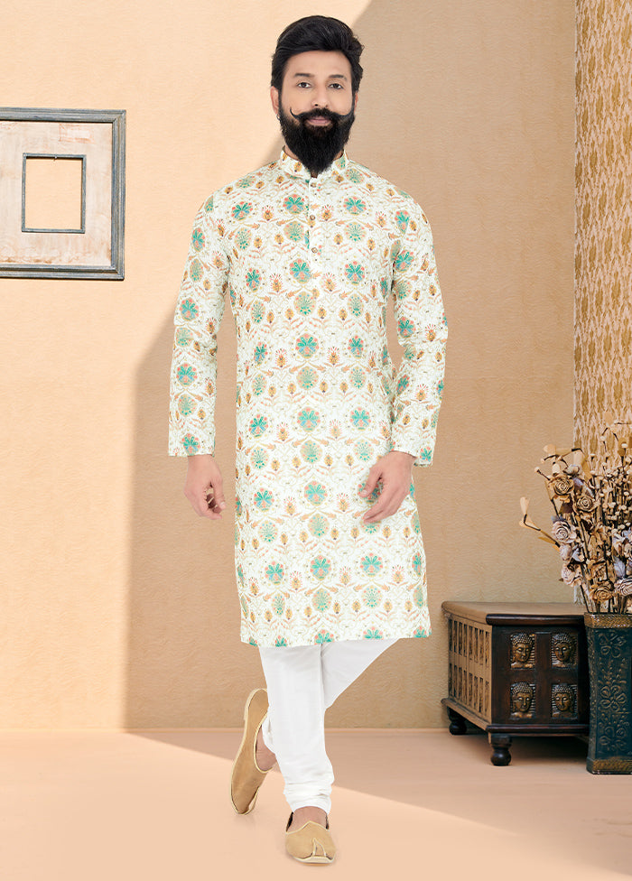 2 Pc Cream Dupion Silk Kurta And Pajama Set - Indian Silk House Agencies
