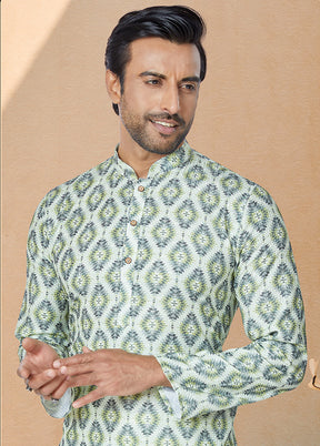 2 Pc Green Dupion Silk Kurta And Pajama Set - Indian Silk House Agencies